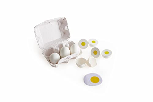 Hape Egg Carton , 3 Hard-Boiled Eggs with Easy-Peel Shell & 3 Fried Eggs, Wooden Realistic Educational Toy for Children 3+