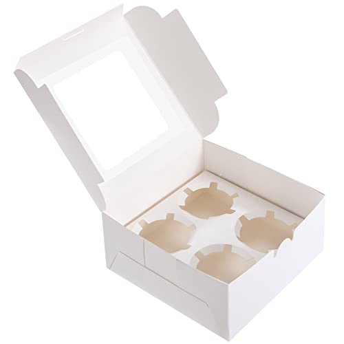 Newellsail Paquete de 10 Cajas para Cupcake Cajas para Tartas con Ventana Transparente y 4 Insertos Soportes Cajas de Magdalenas para Duchas de Novia, Bodas, Fiestas de Cumpleaños (Blanco)
