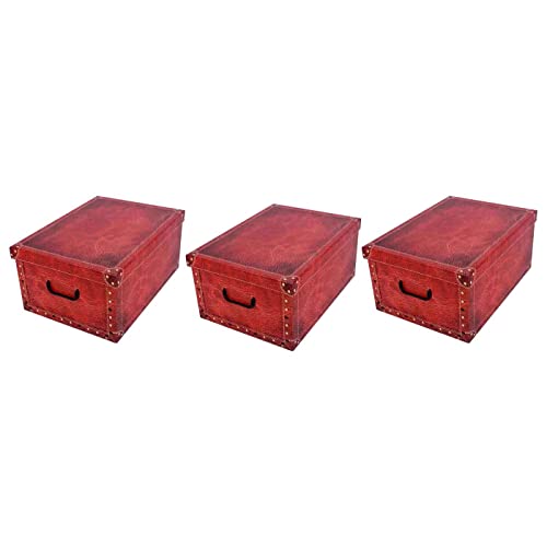 AC – Pack de 3 Cajas de cartón plegable - Caja de almacenaje - Organizador de espacios, plegable, con tapa – Diseño de Cuero Rojizo - 51 x 37 x 24 cm