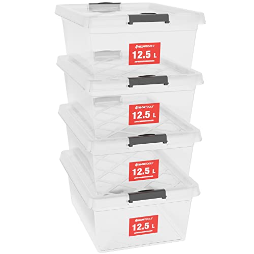 ATHLON TOOLS 4 cajas de almacenamiento de 12,5 L con tapa, aptas para alimentos, clips de cierre, caja de plástico 100% transparente, cajas de ropa apilables
