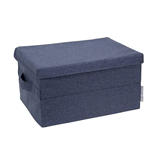 Bigso Box of Sweden Caja de almacenamiento con tapa para ropa, accesorios, juguetes, etc. – Caja plegable con asa – Caja de tela pequeña de poliéster y cartón, con aspecto de lino – azul
