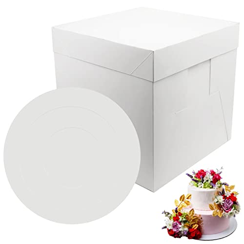 PHULWEL 2 cajas para tartas con tabla para tartas escalonadas, cartón blanco para tartas con tabla para tartas, recipiente desechable, 25,4 x 25,4 x 25,4 x 25,4 cm