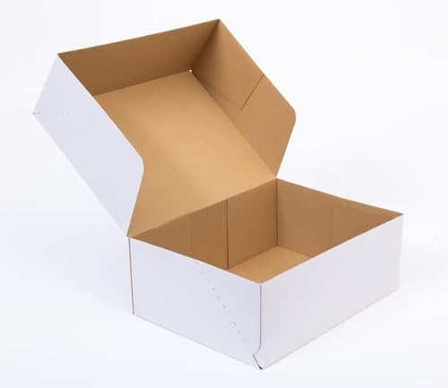 Packaging Hero 30 x 20 x 10 cm (aprox. 12 x 8 x 4 pulgadas) Cajas de cartón corrugado blanco, cajas de regalo, caja de comercio electrónico con pegatinas redondas transparentes (9 unidades)