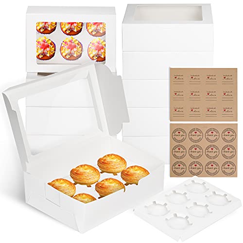 Bigqin 6 agujeros caja cupcakes [10 piezas], cajas repostería carton para Magdalenas Muffin con 24 lindas pegatinas, cajas carton para Cumpleaños, Fiesta, Boda - Blanco