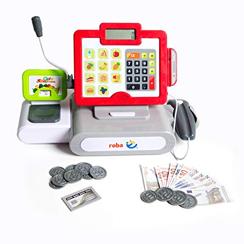 Caja registradora para niños roba, Caja registradora de juguete con sonido, luz x scanner, con funciones de calculo, microfono, altavoz y dinero de juguete.