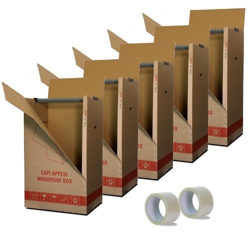 Kit de 5 cajas de cartón porta vestidos para colgar - Dimensiones: 50 x 60 x 111 (altura) cm con perchero + 2 cintas adhesivas--