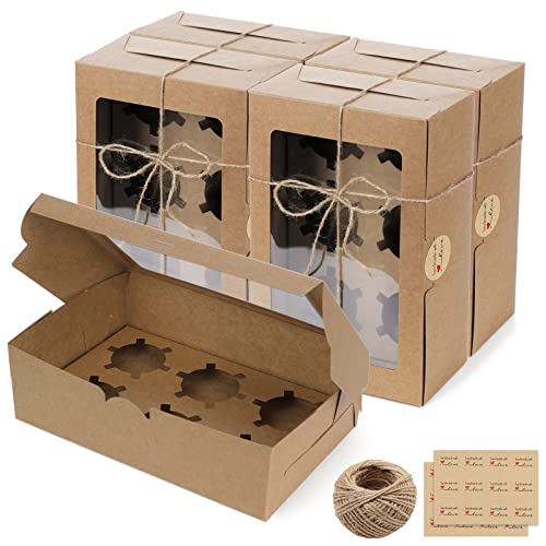 Fippy 20 cajas para magdalenas de 6 agujeros con ventana y cartón, cajas de pastelería pequeñas cajas de pastelería para cupcakes, pasteles, galletas, postres, papel kraft