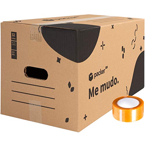 packer PRO Pack 20 Cajas Carton para Mudanzas y Almacenaje con Asas y Precinto Adhesivo 430x300x250mm