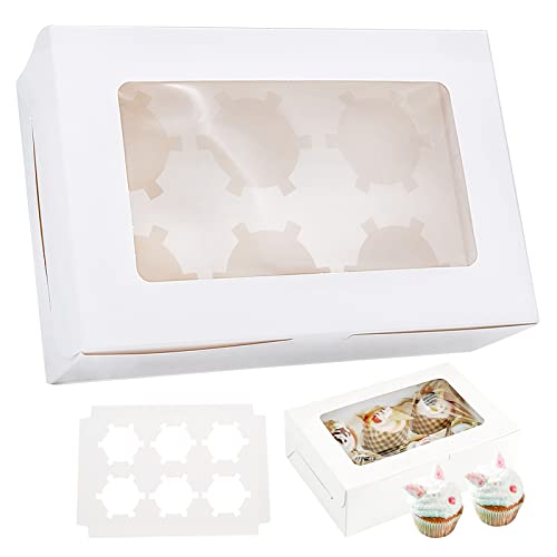Cisolen Cajas de 15 piezas para magdalenas Caja de pastelería con inserción de ventana Cajas de cartón para tartas con gran ventana de visualización 6 agujeros