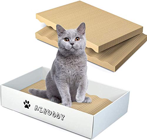 Aibuddy Rascador de gatos, 3 almohadillas para rascar para gatos, cama de salón, cartón reversible con hierba gatera orgánica [diseño de limpieza del hogar con caja rascadora]