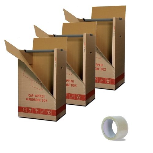Kit de 3 cajas guardarropas de cartón Dimensiones: 50 x 60 x 111 con perchero + 1 cinta adhesiva de regalo