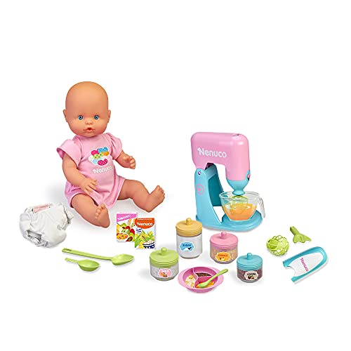 Nenuco - ¿Qué comemos hoy?, muñeco bebé con accesorios de comiditas y merienditas para hacer las papillas, con 2 juguetes electrónicos, batidora y cuchara, niñas y niños de 4 años, Famosa (700016649)