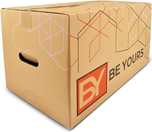 BY BE YOURS Pack 20 Cajas Carton Mudanza Grandes con Asas 43x30x25 cm - Cajas de Cartón para Mudanzas, Almacenaje y Embalaje Resistentes - 100% Recicladas - Fabricadas en España