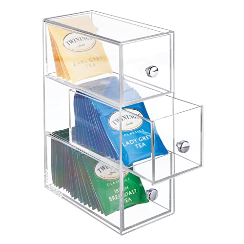 mDesign Minicajonera con 3 cajones de plástico – Perfecta como caja para infusiones y bolsitas de té – Pequeño mueble cajonera para té, sacarina, azucarillos, sal, etc. – transparente
