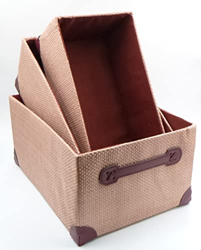 Juego de 3 cajas de cartón y tela con forro interior marrón y asas - caja grande 37 x 26 x 18 x 35 x 23 x 16 - Caja pequeña 31 x 18 x 14 cm