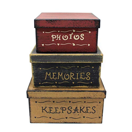 CVHOMEDECO. Primitiva Vintage Cuadrado Fotos, Recuerdos, Recuerdos Cajas apilables cartón, Grande 22,8 x 22,8 x H11,4 cm, Juego de 3