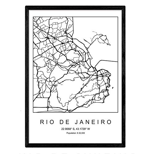Nacnic Lámina Mapa de la Ciudad Rio de Janeiro Estilo nordico en Blanco y Negro. Poster tamaño A3 Sin Marco Impreso Papel 250 gr. Cuadros, láminas y Posters para Salon y Dormitorio