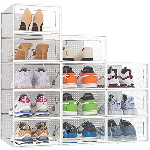 HOMIDEC 12 pcs Cajas de Zapatos,Cajas de Almacenamiento de Zapatos de Plástico Transparente Apilables, Contenedores Organizadores de Zapatos con tapas para Mujeres/Hombres