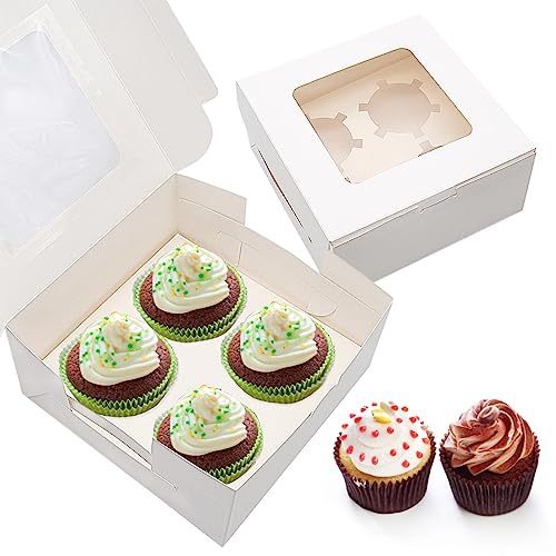 Hriymtd 15 cajas de magdalenas con ventana e insertos 4 agujeros caja de papel Kraft cajas de pastel de cartón blanco caja de pastelería para galletas dulces macarons tartas
