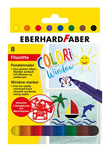Eberhard Faber 550022 - Colori Window Marker en 8 colores, lápices de colores para ventanas incl. 3 plantillas, rotuladores de trazo suave, en caja de cartón