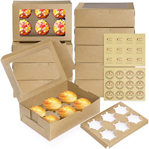 Bigqin 6 agujeros caja cupcakes [10 piezas], cajas repostería carton para Magdalenas Muffin con 24 lindas pegatinas, cajas carton para Cumpleaños, Fiesta, Boda - Marrón