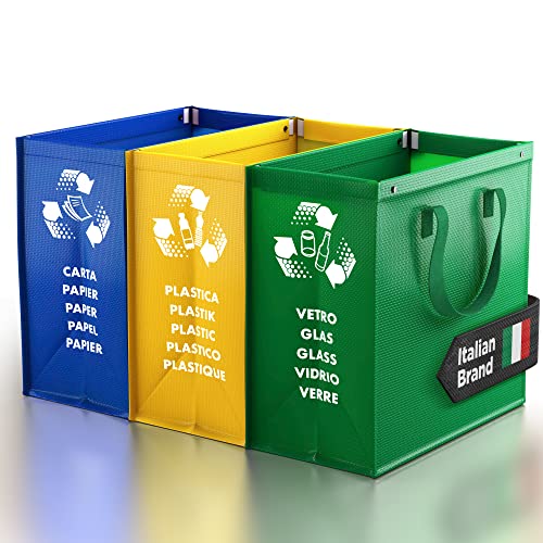 PTMS® Cubos de basura de reciclaje - 3 Cubo basura reciclaje para vidrio, papel y plástico - Bolsas reciclaje en colores estándar - Papelera cocina fácil de vaciar (Color Edition)