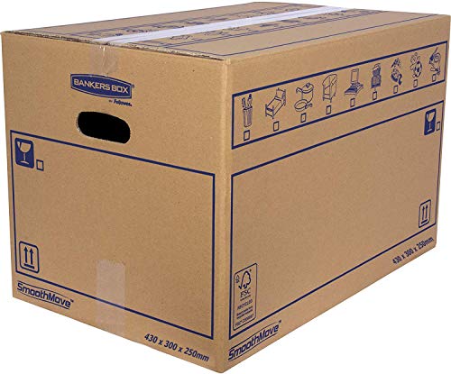 Bankers Box 6208301 Pack 10 Cajas de Cartón con Asas para Mudanzas, Almacenaje y Transporte Ultrarresistentes, Canal Simple Reforzado, 32 Litros, Marrón, 43 x 30 x 25 cm