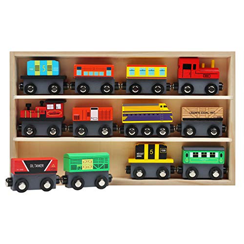 Kurtzy Tren de Madera Magnético con Caja de Almacenaje (Pack de 12) Locomotoras Educativas para Chicos y Chicas 3 + Años – Set Tren Madera Compatible con la Mayoría de Las Marcas de Vías de Tren