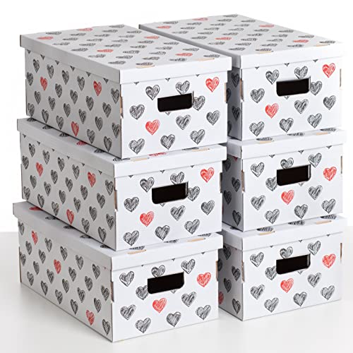 Kanguru SET DE SEIS Cajas de almacenamiento en cartón certificado FSC, modelo básico, tamaño grande, CORAZONES, 29x51xh20 cm
