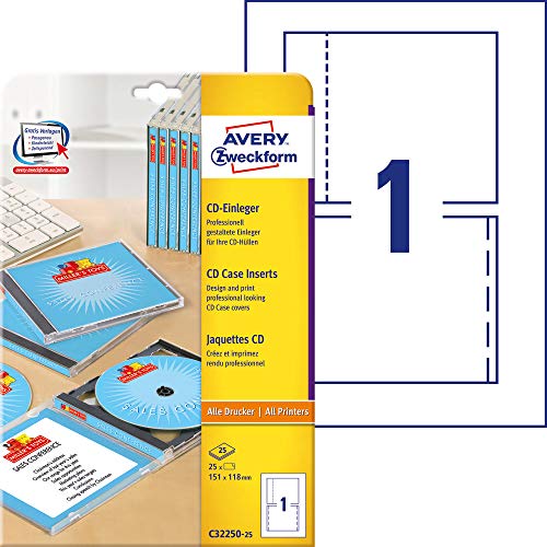 Avery C32250-25 - Etiquetas para CD (151 x 118 mm, A4, 25 unidades), color blanco