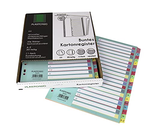 Pack de 6 separadores DIN A4 con letras A-Z, de cartón reciclado, en práctica caja dispensadora, perforación reforzada con portada, hojas separadoras en 5 colores